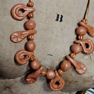 Vintage 1970s Handcrafted Clay And Leather Hippie Tribal Necklace